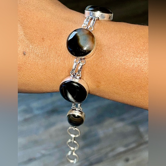 Black Botswana Banded Agate Bracelet 7” - 8 1/2” - Picture 2 of 8